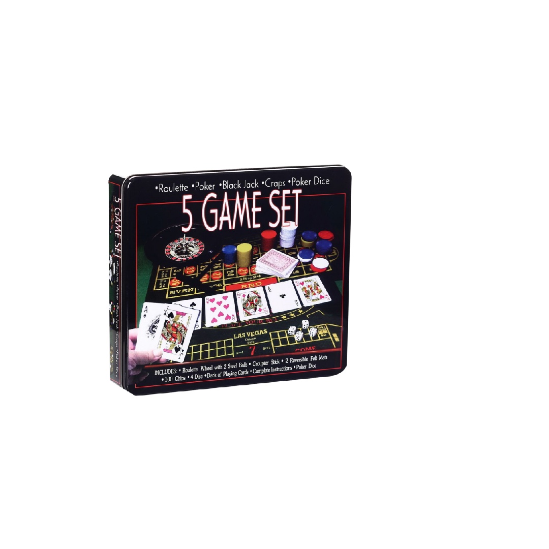 LH 5 IN 1 5 Games Set - 1 Roulette Wheel with 2 Steel Balls, 1 Croupier Stick, 2 Felt Mat, 100pcs Chips, 4 Dices, 1 Deck Cards,